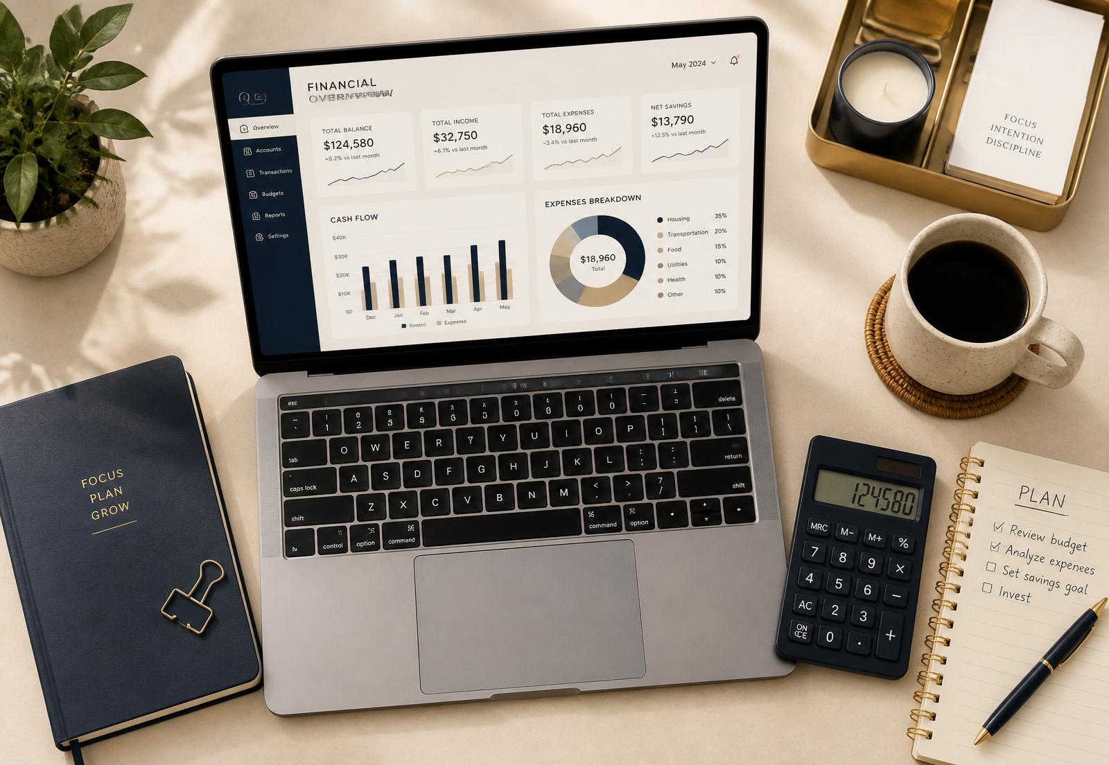 Área de trabalho com laptop, gráficos financeiros e calculadora